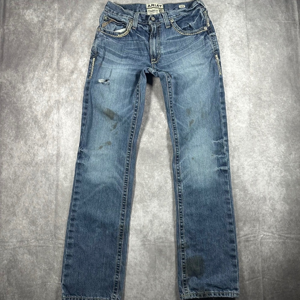 Ariat M5 Mens‎ Straight Leg Jeans 30x36 Blue Denim Distressed Work Wear Stained
